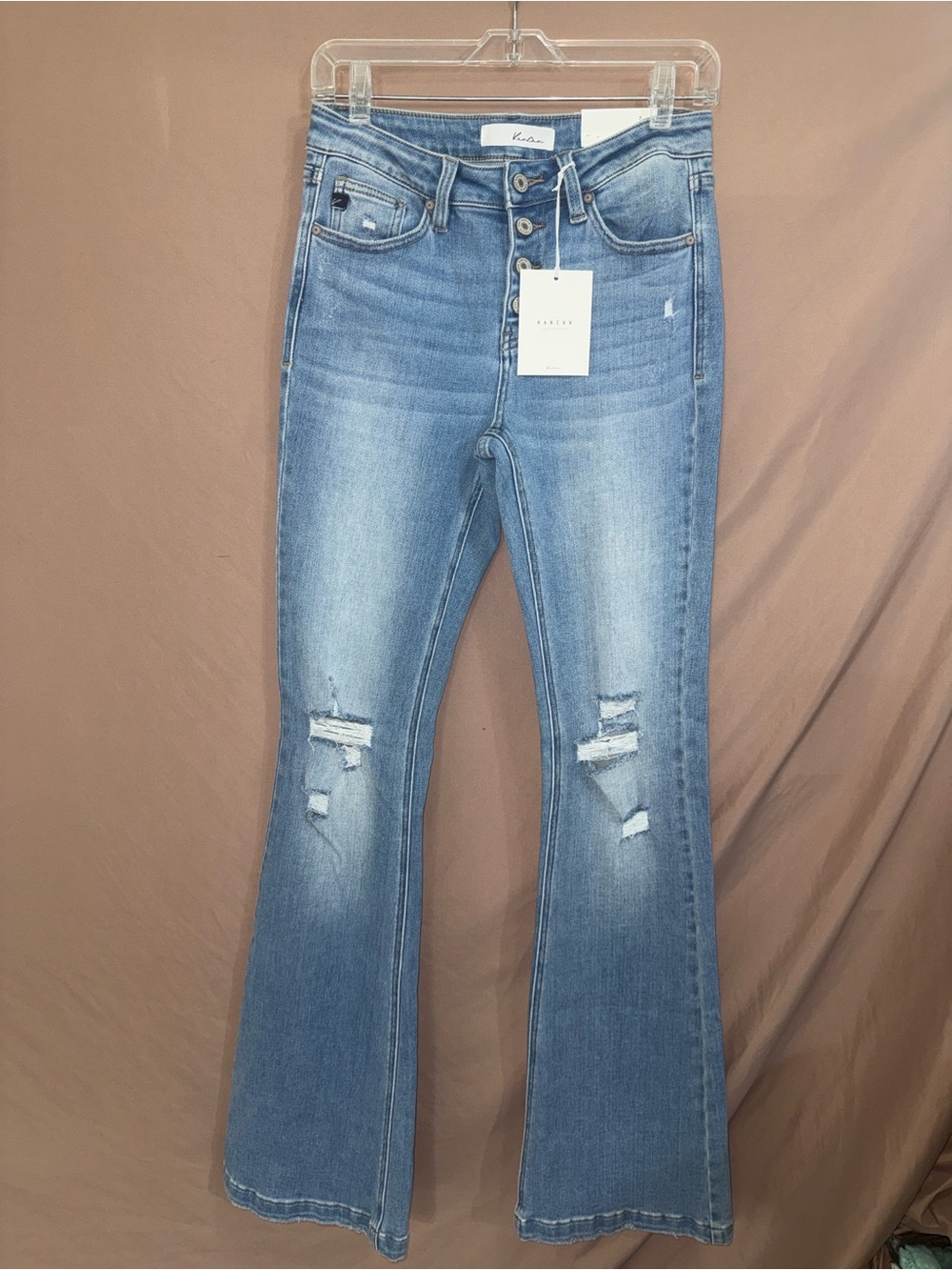 NWT Kancan Women's Light Blue Distressed Flare Jeans 7/27x 34IN Inseam!!!